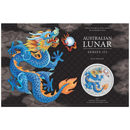 Australian Lunar Series III 2024 Year of the Dragon 1oz Silver Blue Coloured Coin in Card