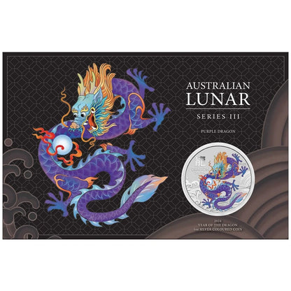 Australian Lunar Series III 2024 Year of the Dragon 1oz Silver Purple Coloured Coin in Card