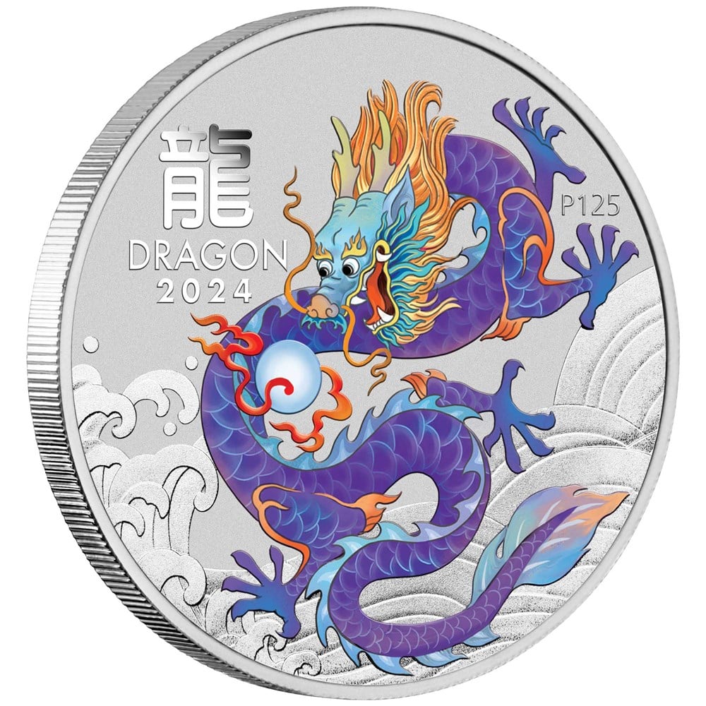 Australian Lunar Series III 2024 Year of the Dragon 1oz Silver Purple Coloured Coin in Card