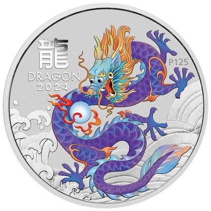 Australian Lunar Series III 2024 Year of the Dragon 1oz Silver Purple Coloured Coin in Card