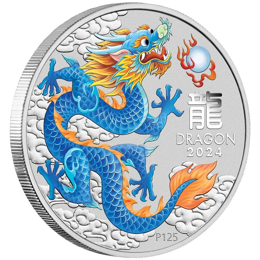 Australian Lunar Series III 2024 Year of the Dragon 1oz Silver Blue Coloured Coin in Card