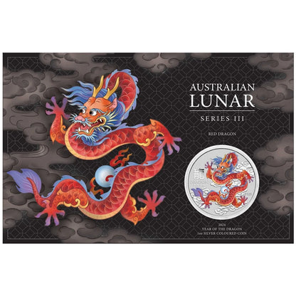 Australian Lunar Series III Red Dragon 2024 Year of the Dragon 1oz Silver Coloured Coin in Card