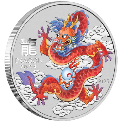 Australian Lunar Series III Red Dragon 2024 Year of the Dragon 1oz Silver Coloured Coin in Card