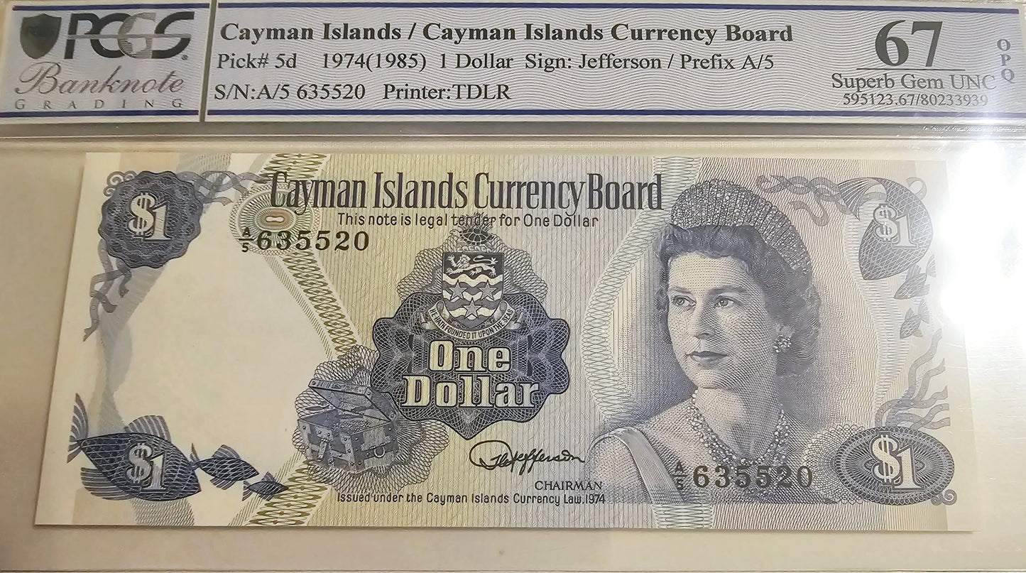 Cayman Islands 1974 (1985) Australian 1$ PCGS 67 graded queen note