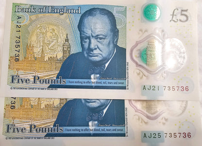 Bank Of England two £5 Five Pounds Queens Notes in Series