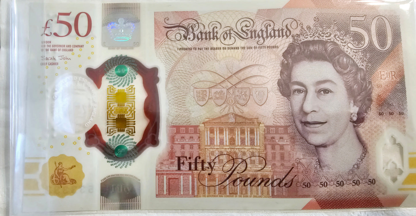 England UK 50 Pounds 2020 Queen Elizabeth New UNC Note Radar series.