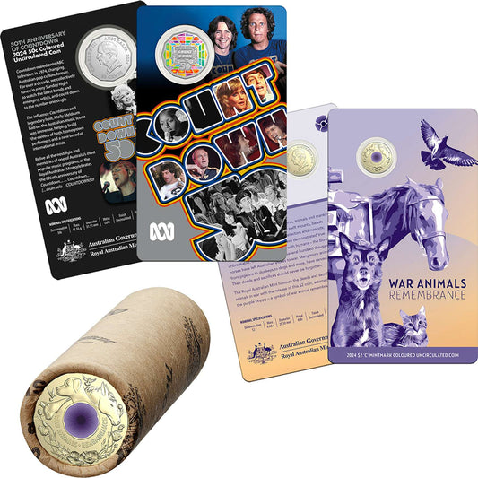 $2 War Animals Remembrance 'C' Mintmark + $2 War Animals Circulating Rolled + 50c Countdown Coin Bundle