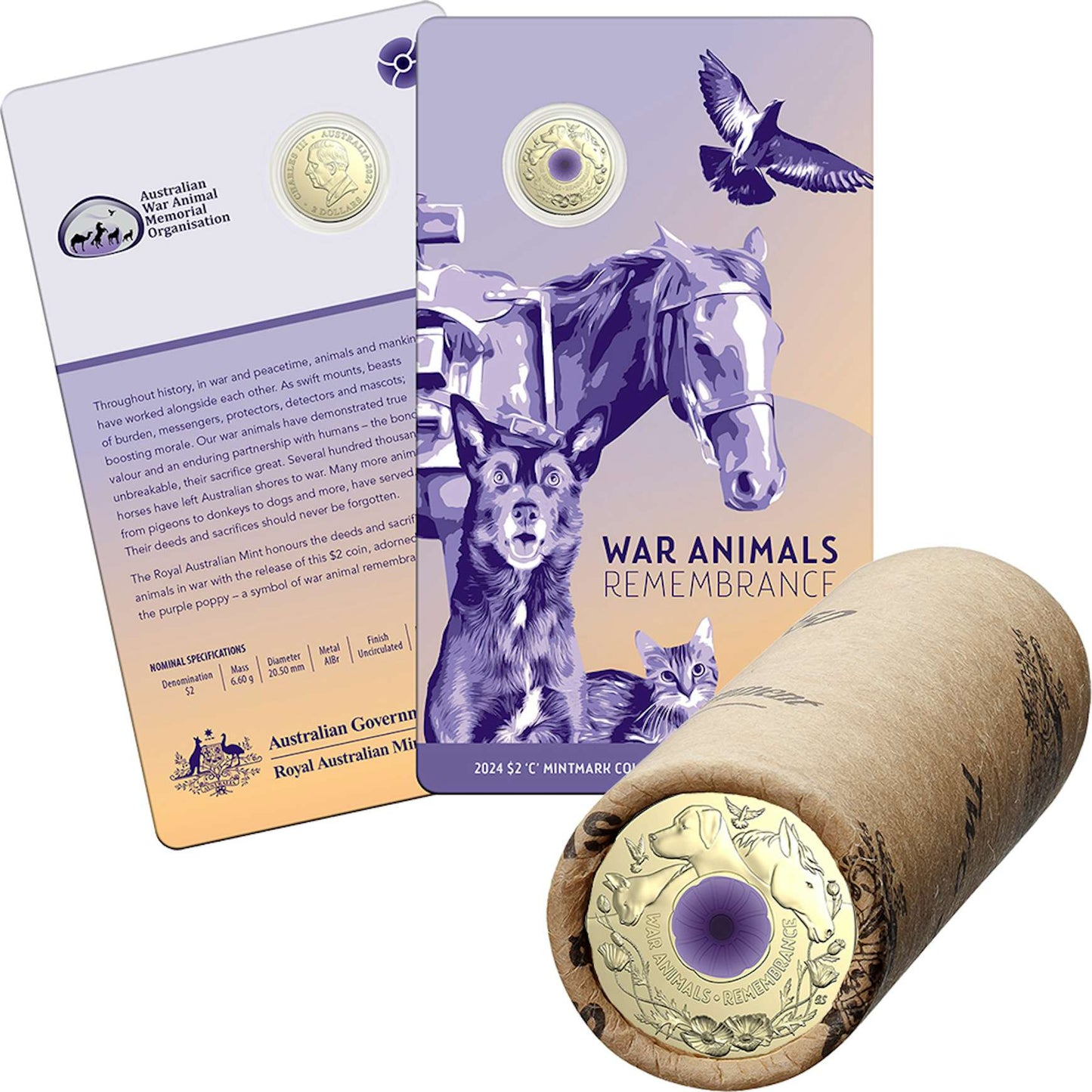 $2 War Animals Remembrance 'C' Mintmark + $2 War Animals Circulating Rolled Bundle