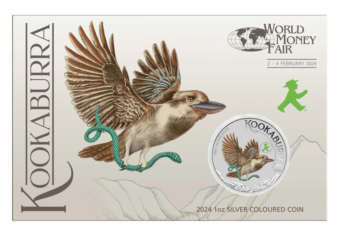 Australian Kookaburra 2024 World money fair 1oz Silver Coloured Coin in Card