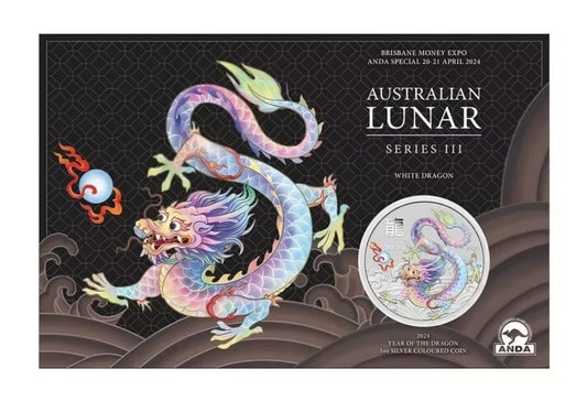 2024 ANDA Money Expo Brisbane - 1oz Silver Dragon White Coloured Coin on Card Preorder