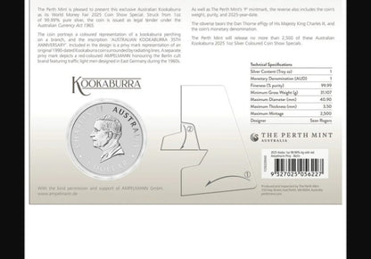 Australia Kookaburra 2025 $1 World Money Fair Coloured 1oz Silver Coin