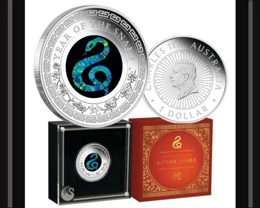 Australia Lunar Year of the Snake 2025 $1 Opal 1oz Silver Proof Coin READY TO SHIP