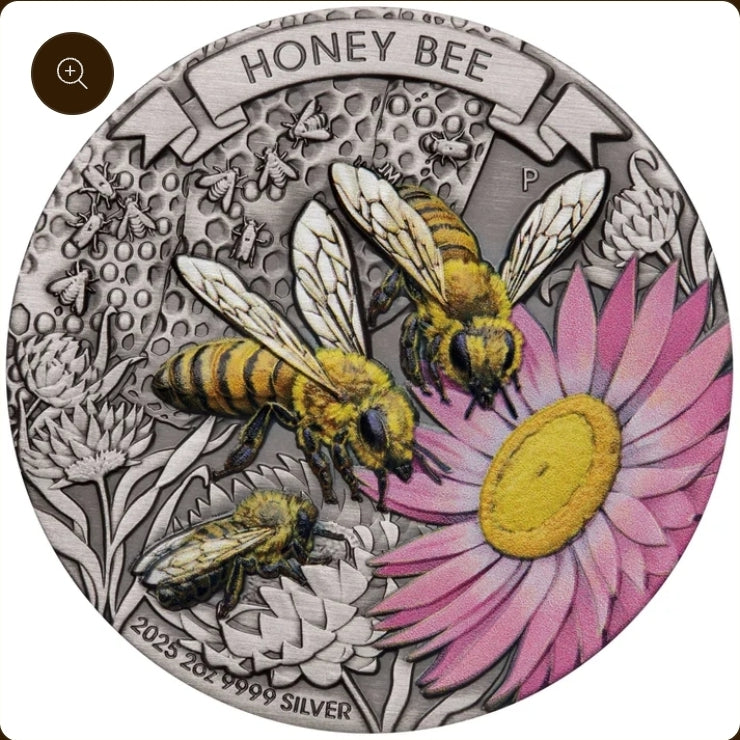 Honey Bee 2025 2oz Silver Antique Coloured Coin