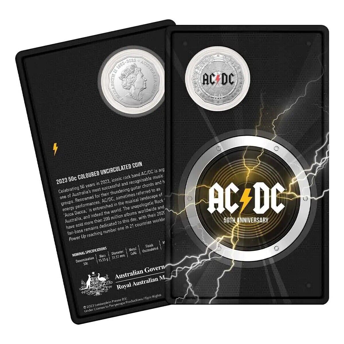 2023 50th Anniversary AC/DC 50c Coloured UNC Coin