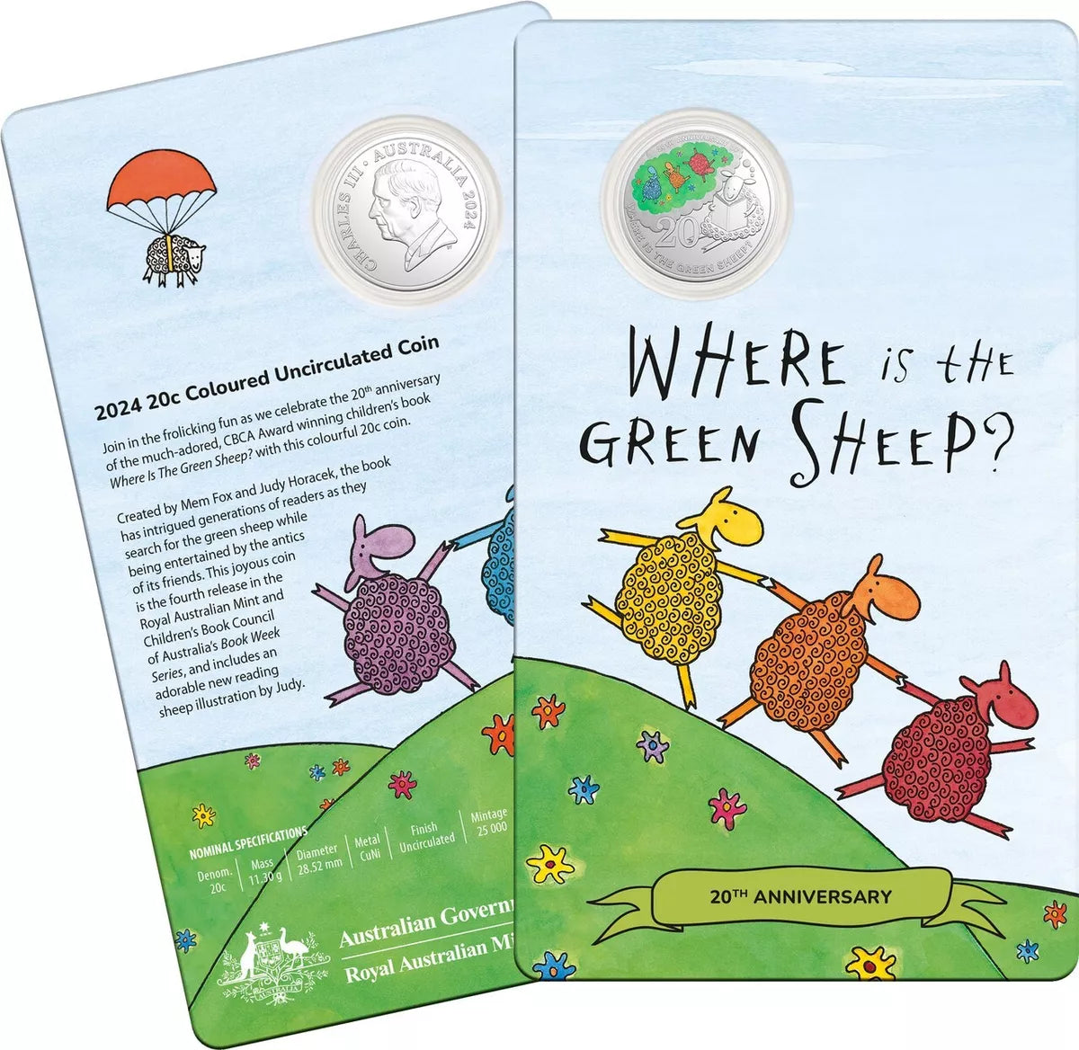 2024 WHERE IS THE GREEN SHEEP 20th Anniversary 20c Coloured Coin in Card