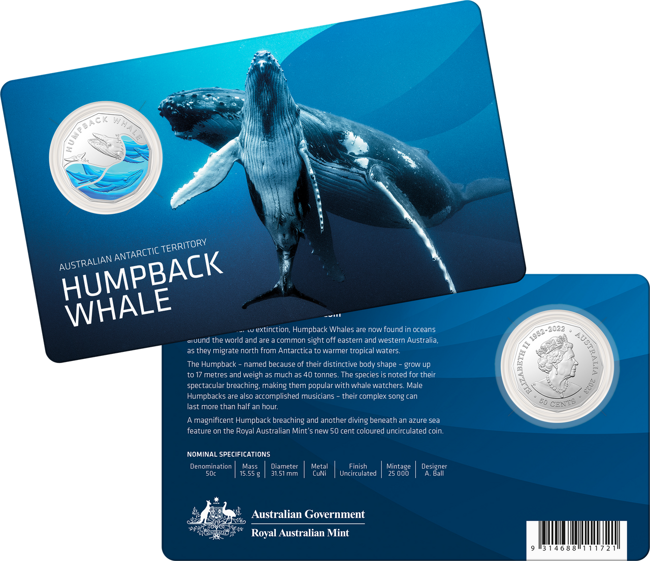 2023 Australian Antarctic Territory Humpback Whale 50c CuNi Coloured UNC Coin on Card