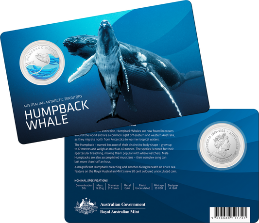 2023 Australian Antarctic Territory Humpback Whale 50c CuNi Coloured UNC Coin on Card