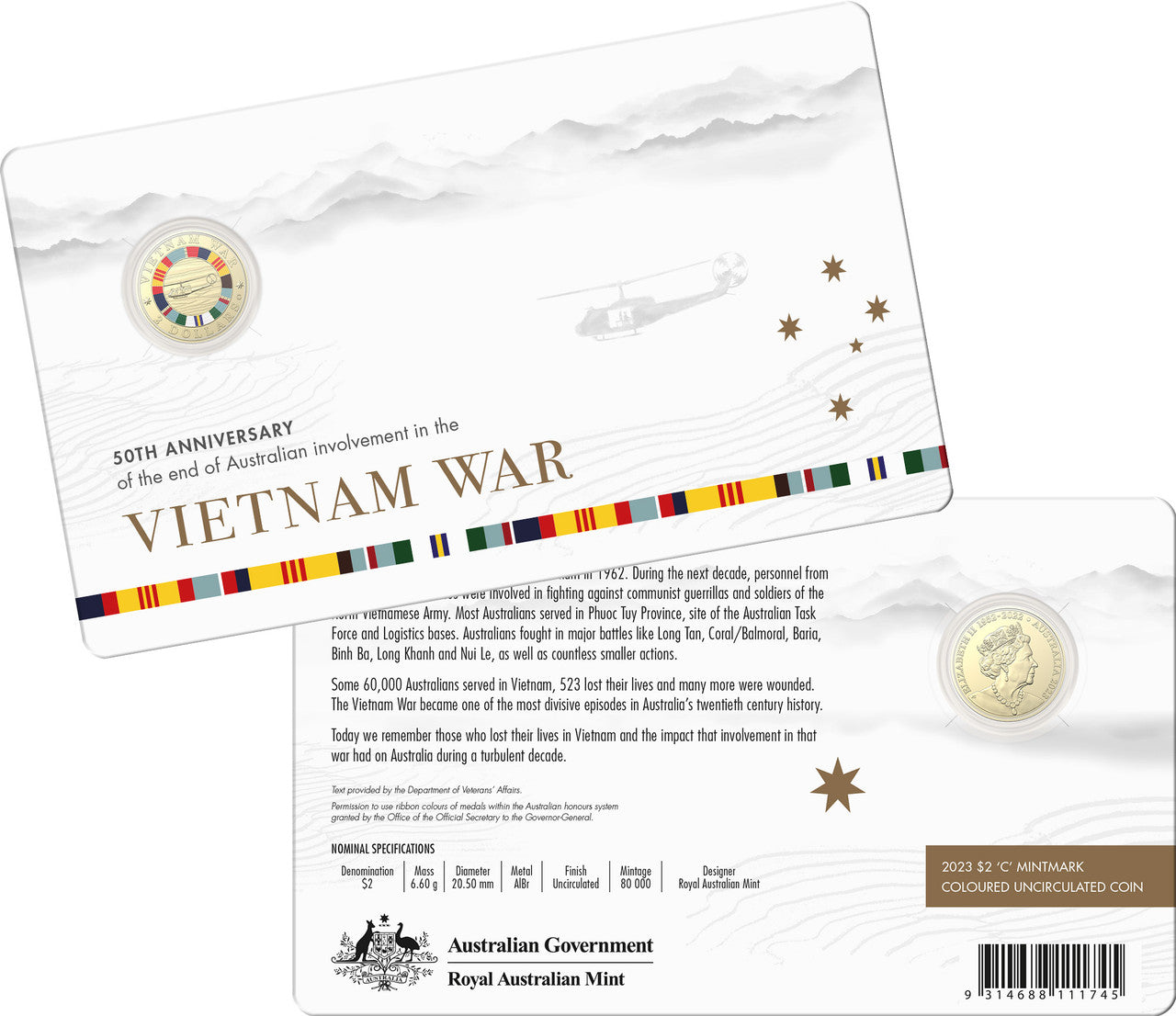 50th Anniversary of Vietnam War 2023 two dollar $2 AlBr C Mintmark Coloured UNC Coin