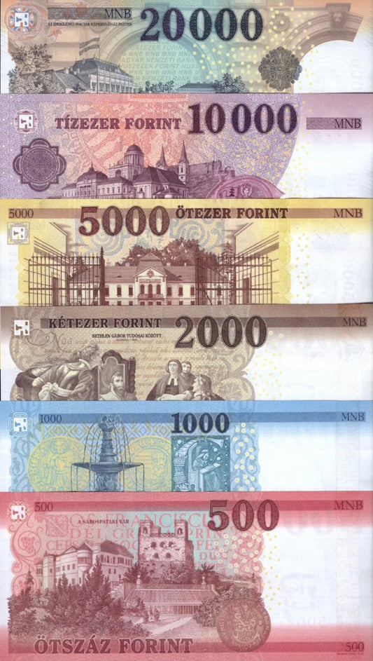 HUNGARY SET 500, 1000, 2000, 5000, 10000, 20000 Forint P-202-207 UNC 2016-2022